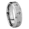 8mm Multiple Christian Cross Step Edge Silver Tungsten Ring
