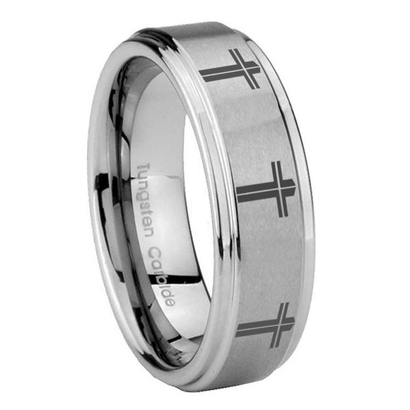 10mm-Multiple-Christian-Cross-Step-Edges-Brushed-Tungsten-Men's-Bands-Ring