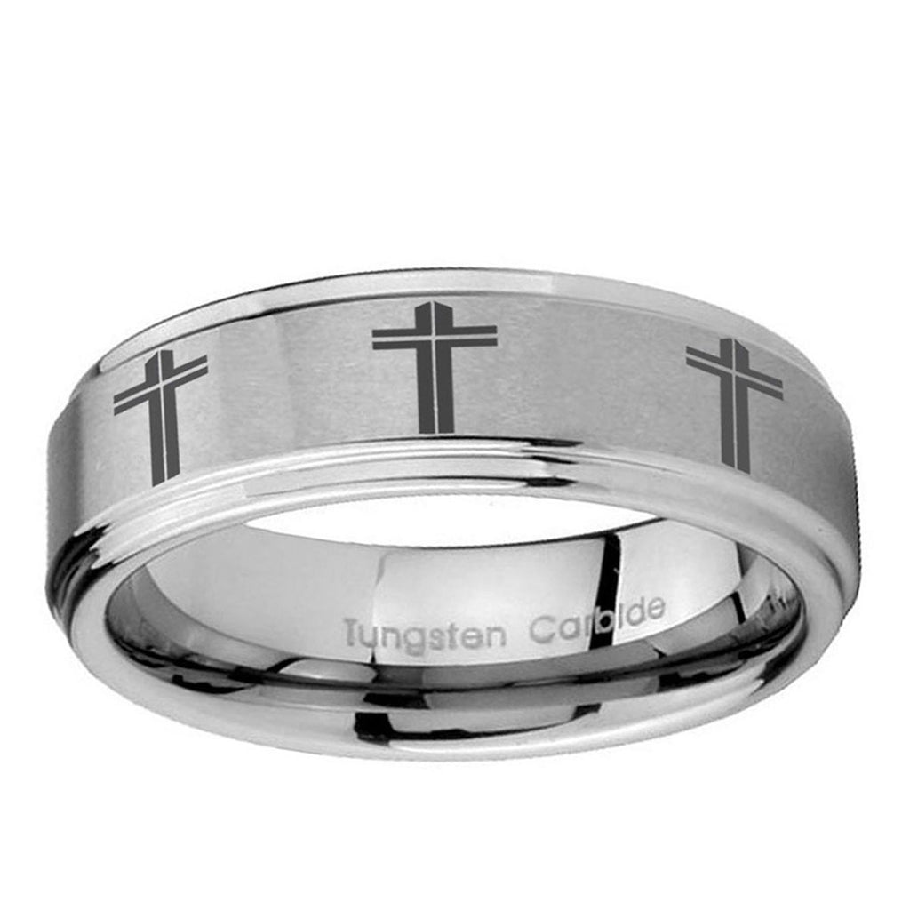 10mm Multiple Christian Cross Step Edge Brushed Tungsten Ring