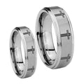 Multiple Christian Cross Step Edges Brushed Tungsten Bridal Ring Sets