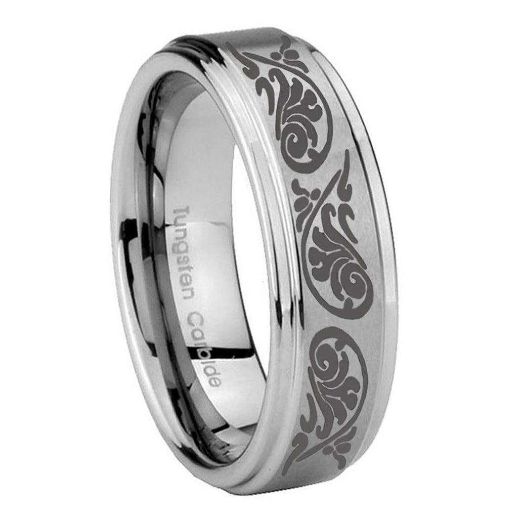 8mm Etched Tribal Pattern Step Edge Silver Tungsten Ring
