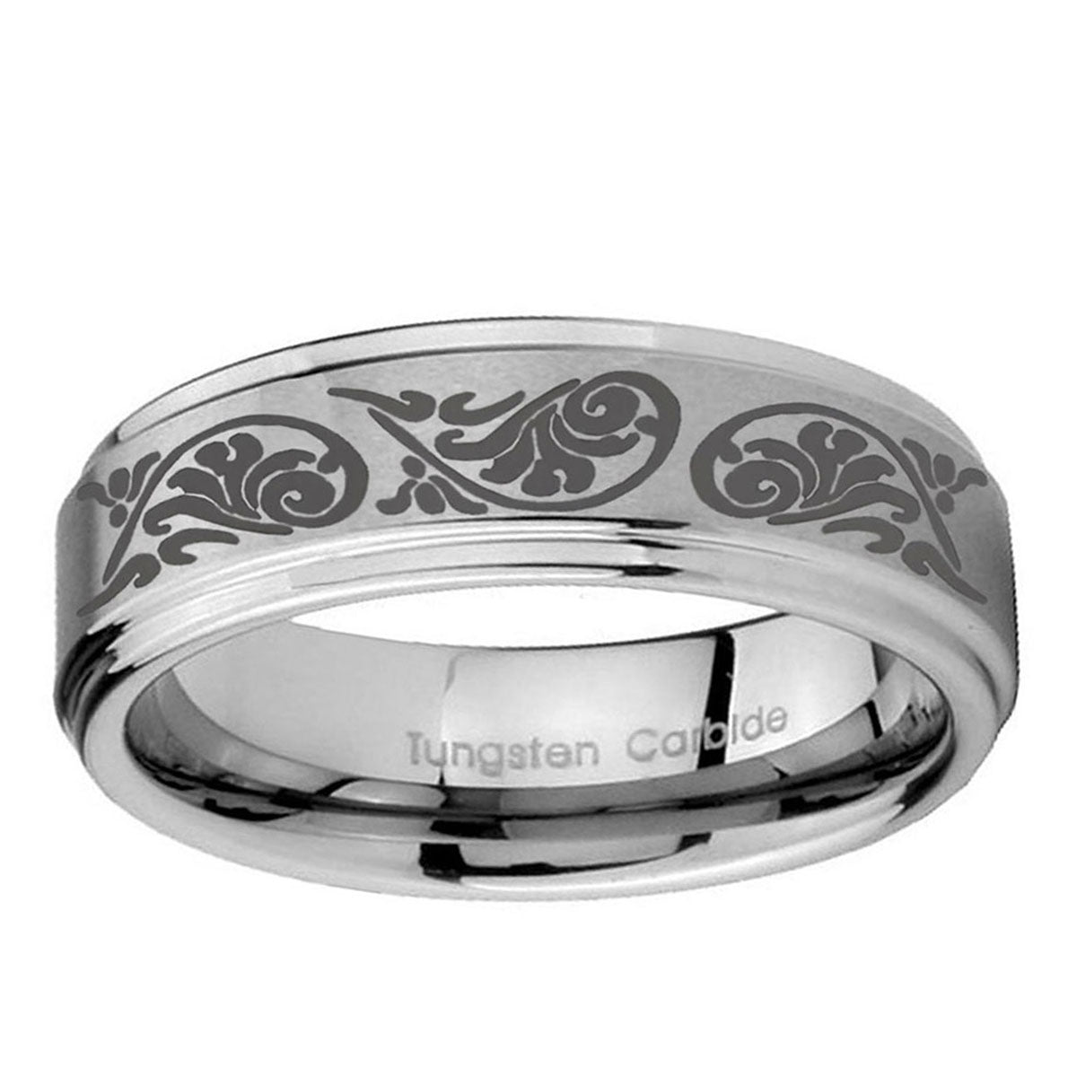 10mm Etched Tribal Pattern Step Edge Brushed Tungsten Ring