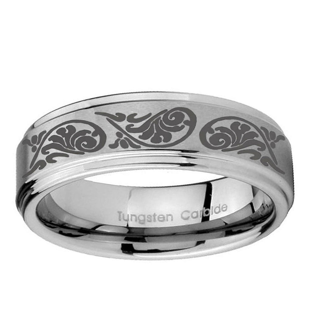 5mm Etched Tribal Pattern Step Edge Silver Tungsten Ring