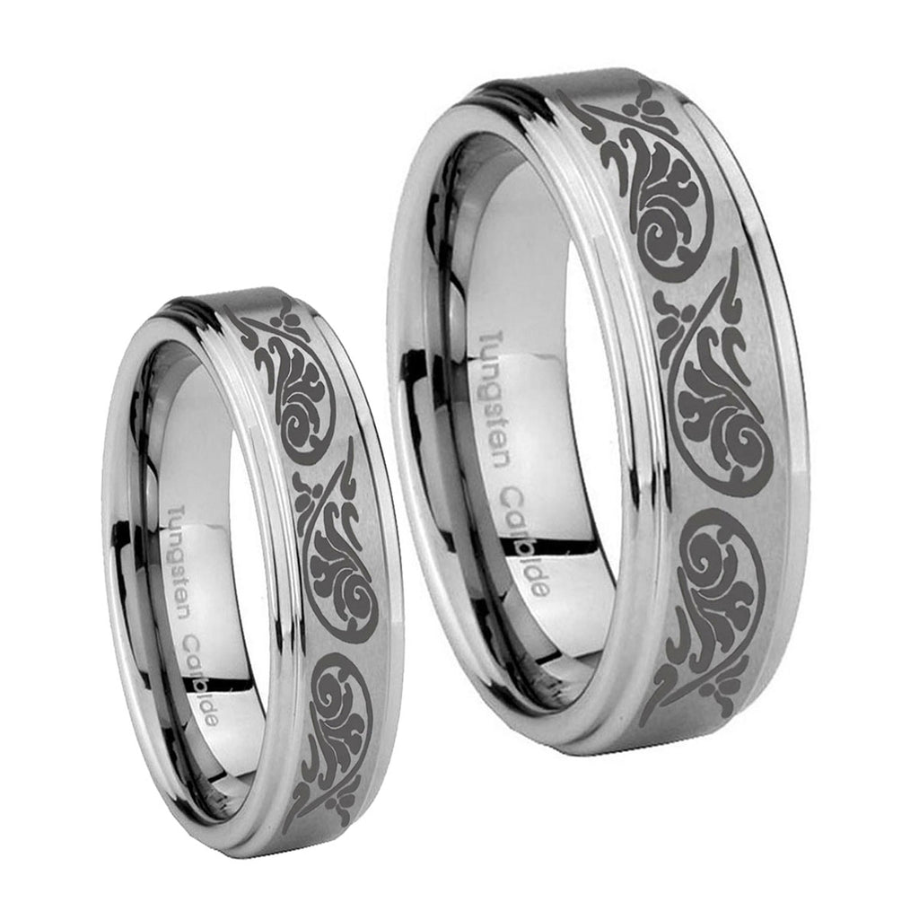Etched Tribal Pattern Step Edges Brushed Tungsten Wedding Ring Sets
