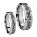 Etched Tribal Pattern Step Edges Brushed Tungsten Wedding Ring Sets