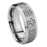 10mm-Etched-Lord's-Prayer-Cross-Step-Edges-Brushed-Tungsten-Carbide-Men's-Wedding-Ring