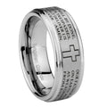 10mm Etched Lord's Prayer Cross Step Edges Brushed Tungsten Carbide Men's Wedding Ring