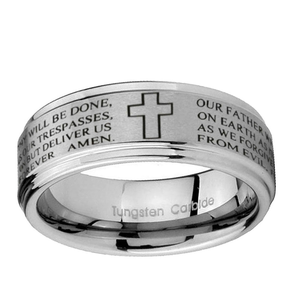 10mm Etched Lord's Prayer Cross Step Edge Brushed Tungsten Ring