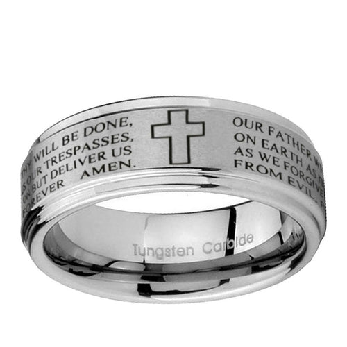 10mm Etched Lord's Prayer Cross Step Edge Brushed Tungsten Ring