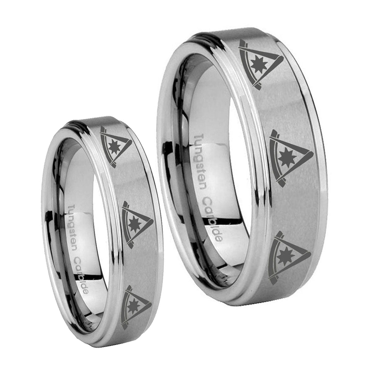 Multiple Pester Master Masonic Step Edges Brushed Tungsten Couple Wedding Bands