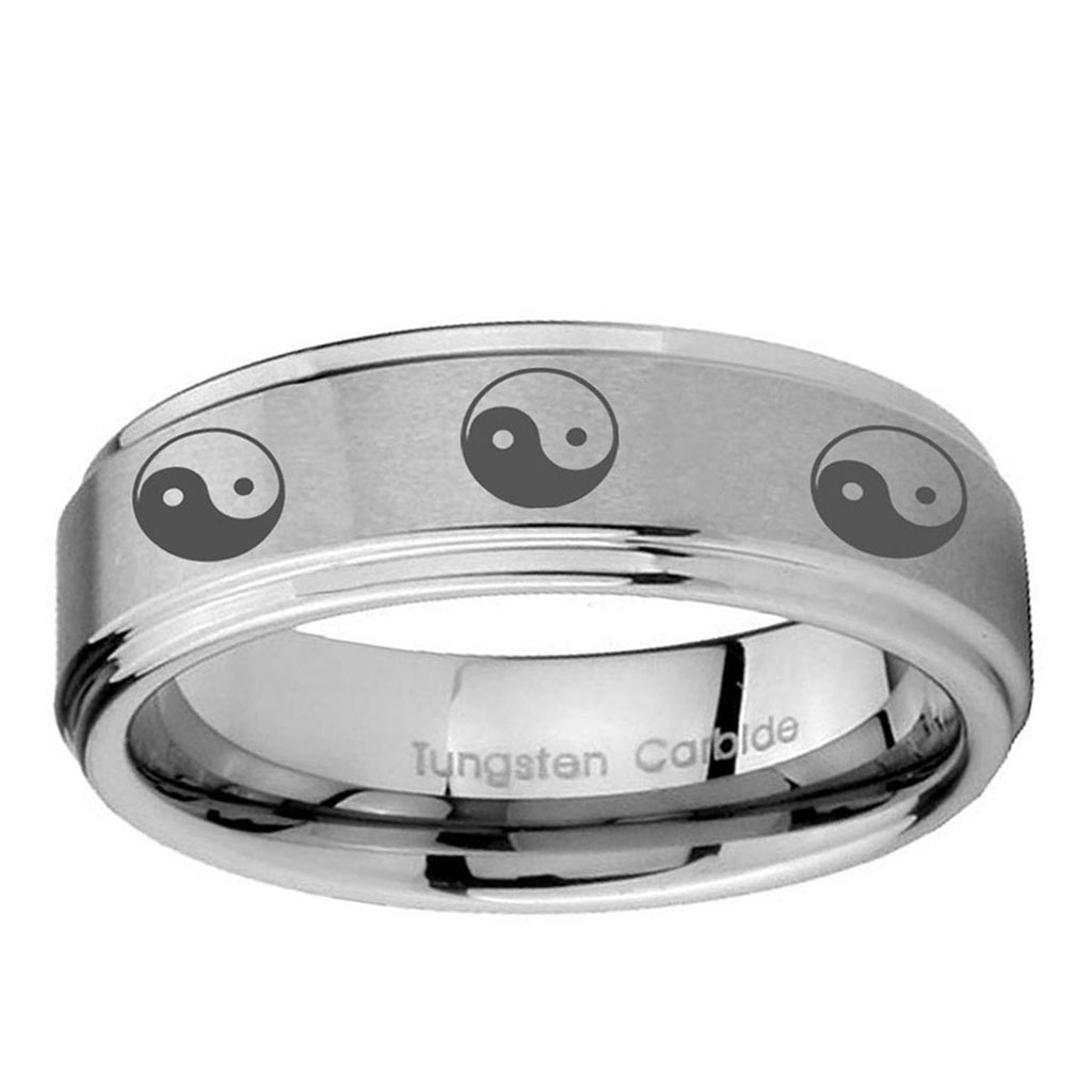 10mm Multiple Yin Yang Step Edge Brushed Tungsten Carbide Mens Ring