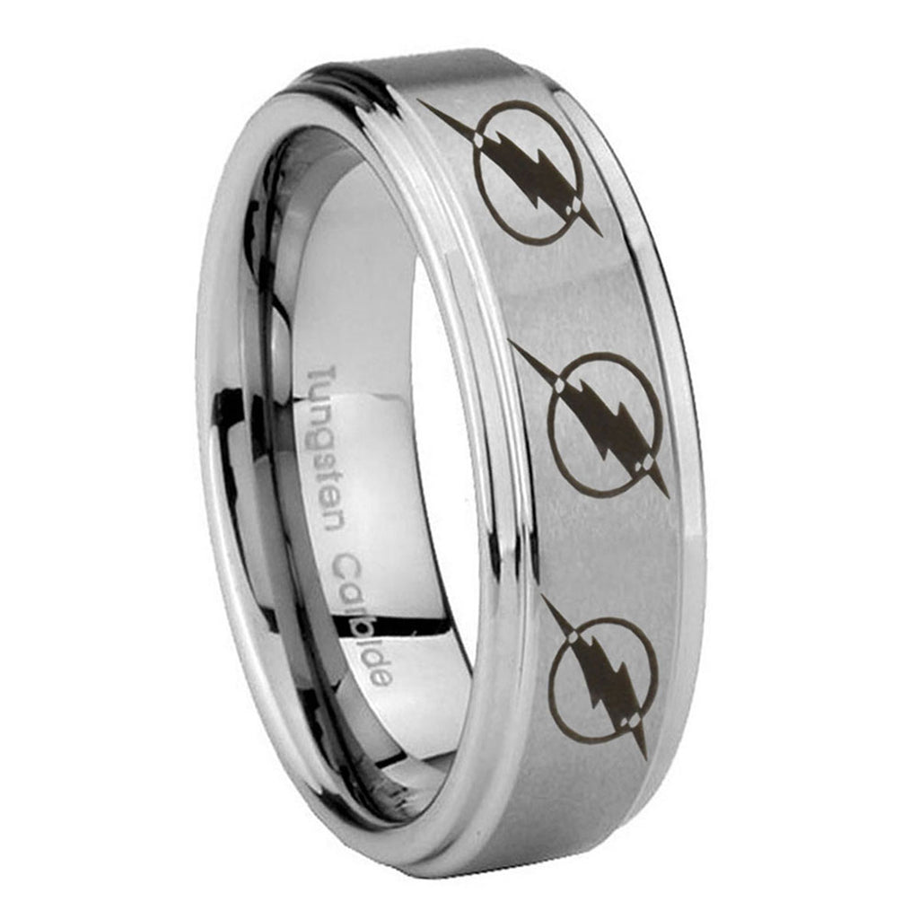 8mm Multiple Flash Step Edge Brushed Silver Mens Bands