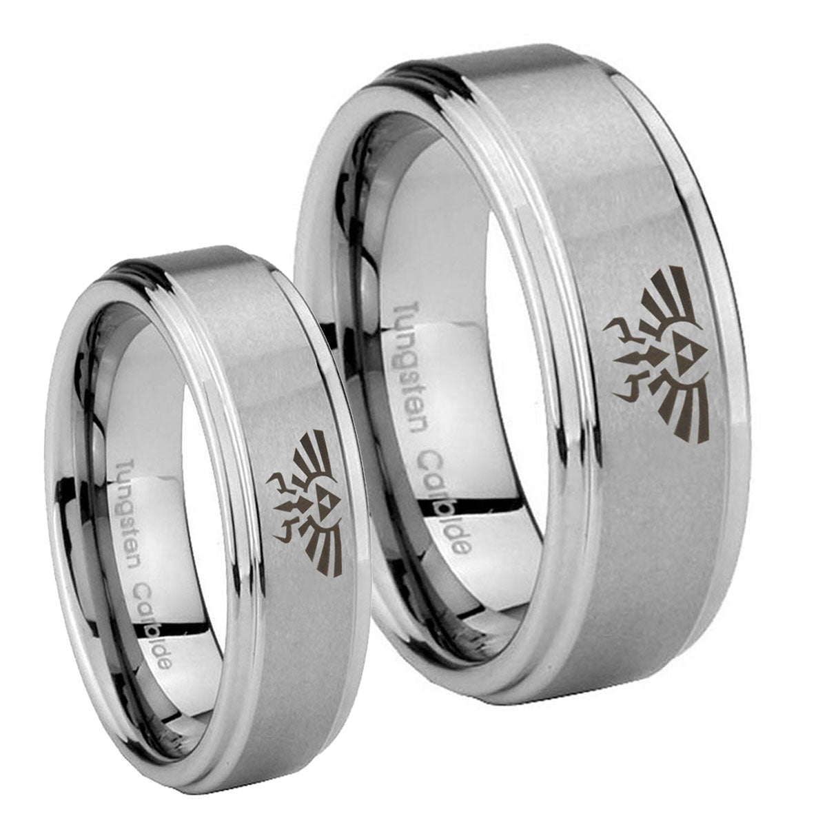 Zelda Skyward Sword Step Edges Brushed Tungsten Bridal Ring Sets