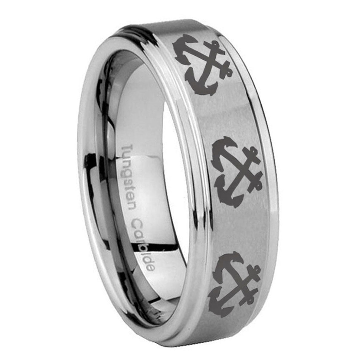 8mm Multiple Anchor Step Edges Brushed Silver Tungsten Ring