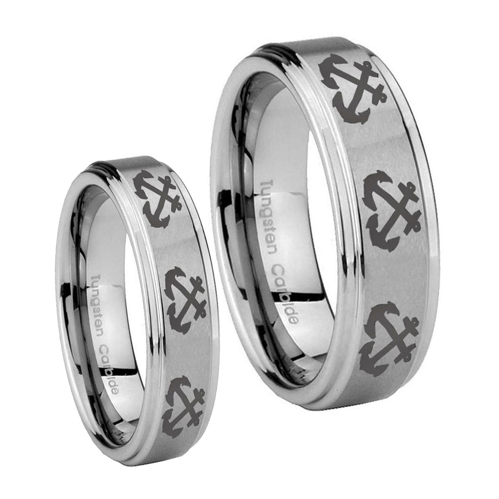 Multiple Anchor Step Edges Brushed Tungsten Bridal Set Rings