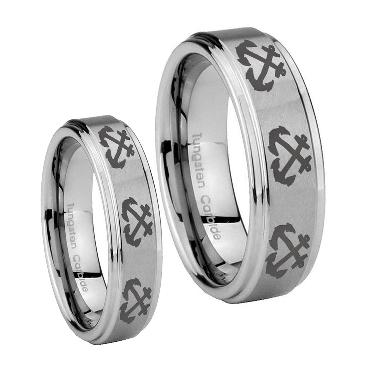 Multiple Anchor Step Edges Brushed Tungsten Bridal Set Rings