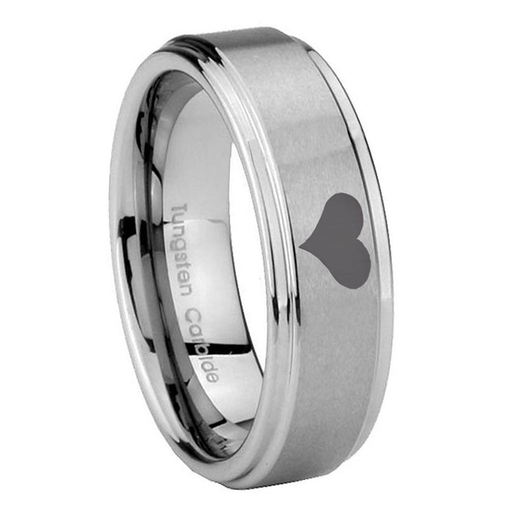 8mm Heart Step Edges Brushed Silver Tungsten Engagement Band