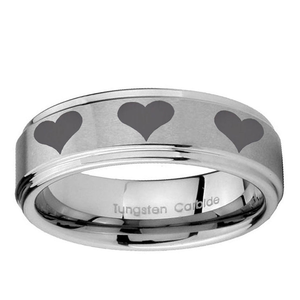 5mm Multiple Heart Step Edges Brushed Silver Tungsten Ring