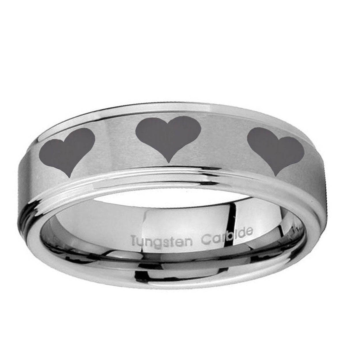 5mm Multiple Heart Step Edges Brushed Silver Tungsten Ring