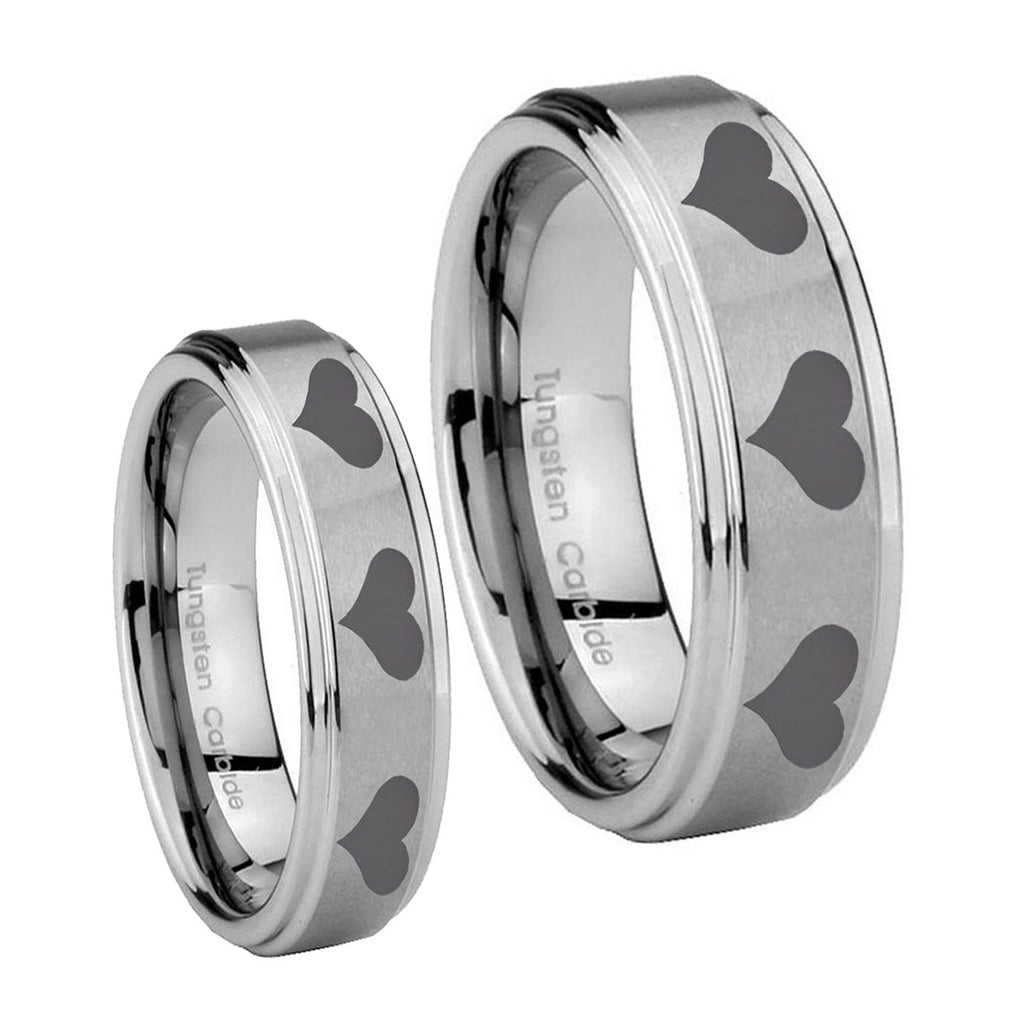 Multiple Heart Step Edges Brushed Tungsten Mens Set Rings