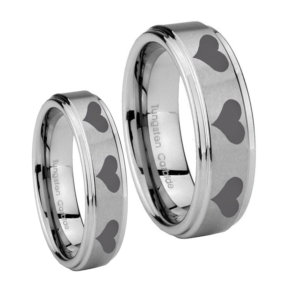 Multiple Heart Step Edges Brushed Tungsten Mens Set Rings