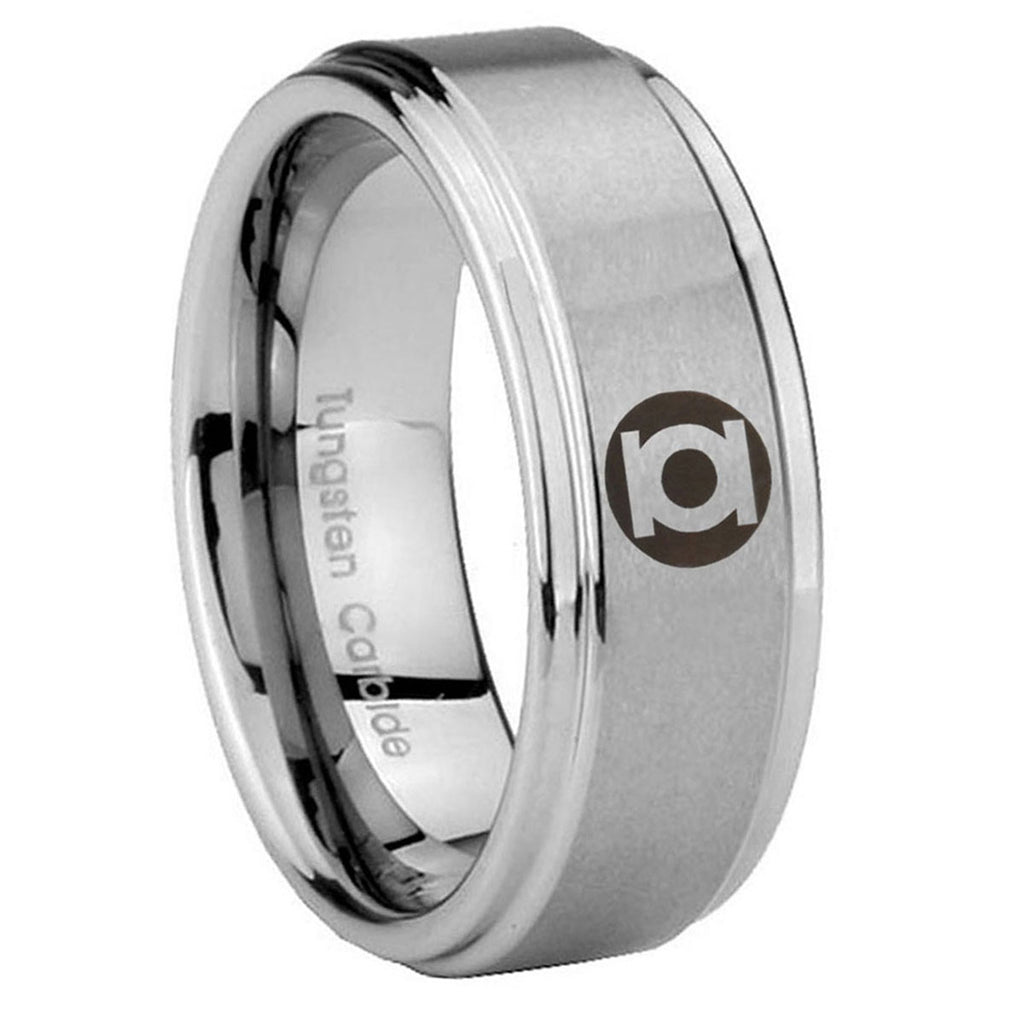 8mm Green Lantern Step Edge Brushed Silver Tungsten Ring