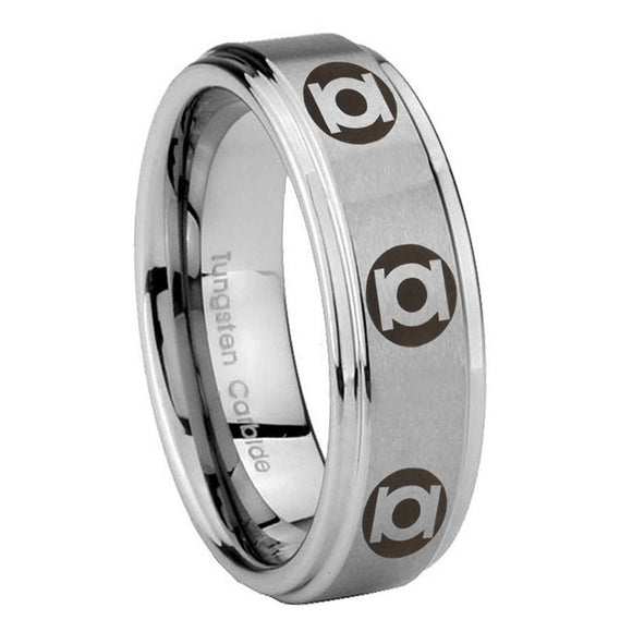 8mm Multiple Green Lantern Step Edge Brushed Silver Cool Wedding Rings Men