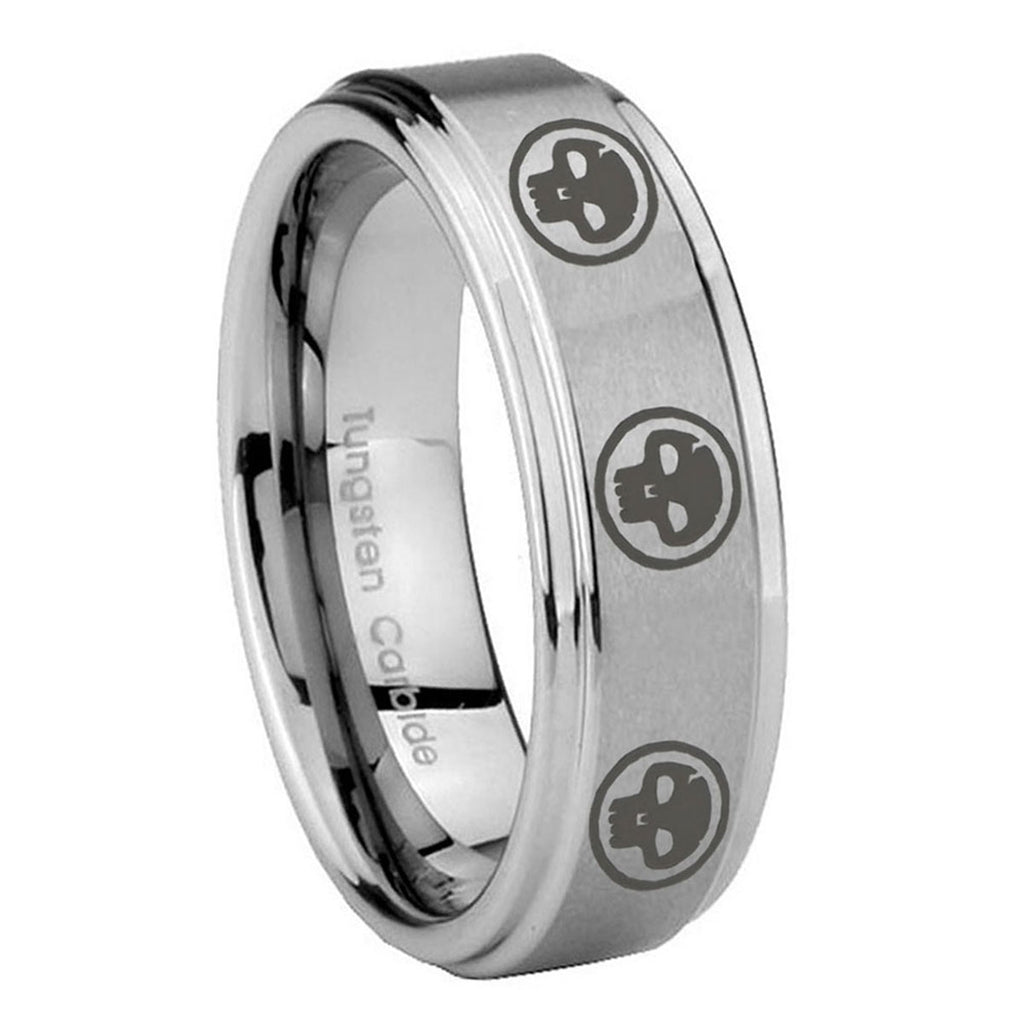 10mm Multiple Skull Step Edges Brushed Tungsten Carbide Men's Wedding Ring