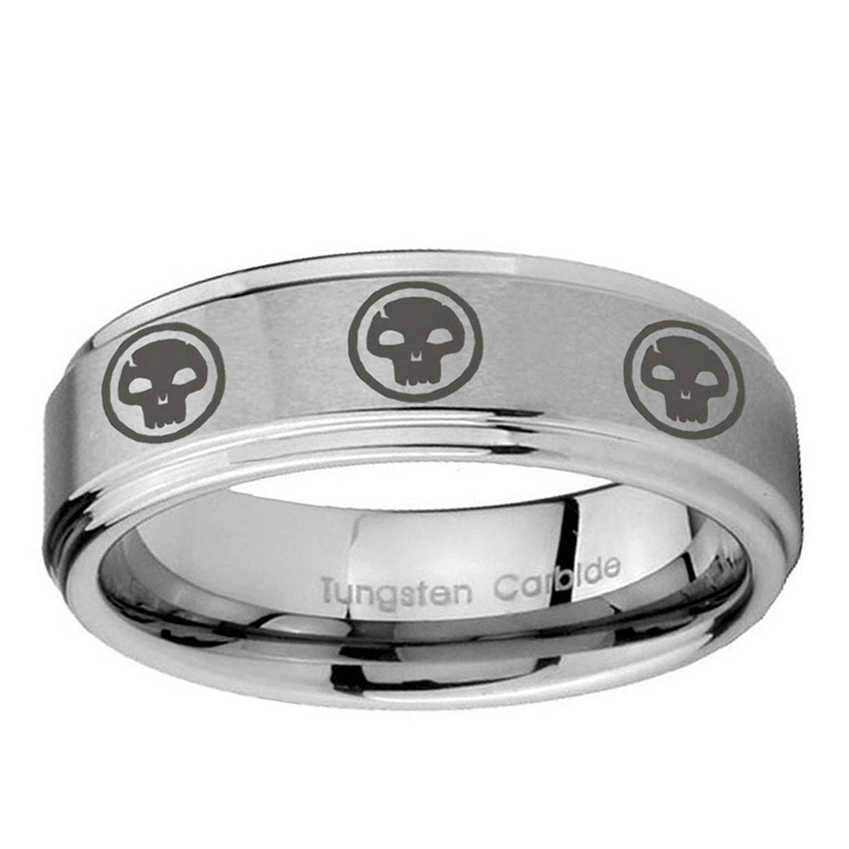 10mm Multiple Skull Step Edge Brushed Tungsten Ring