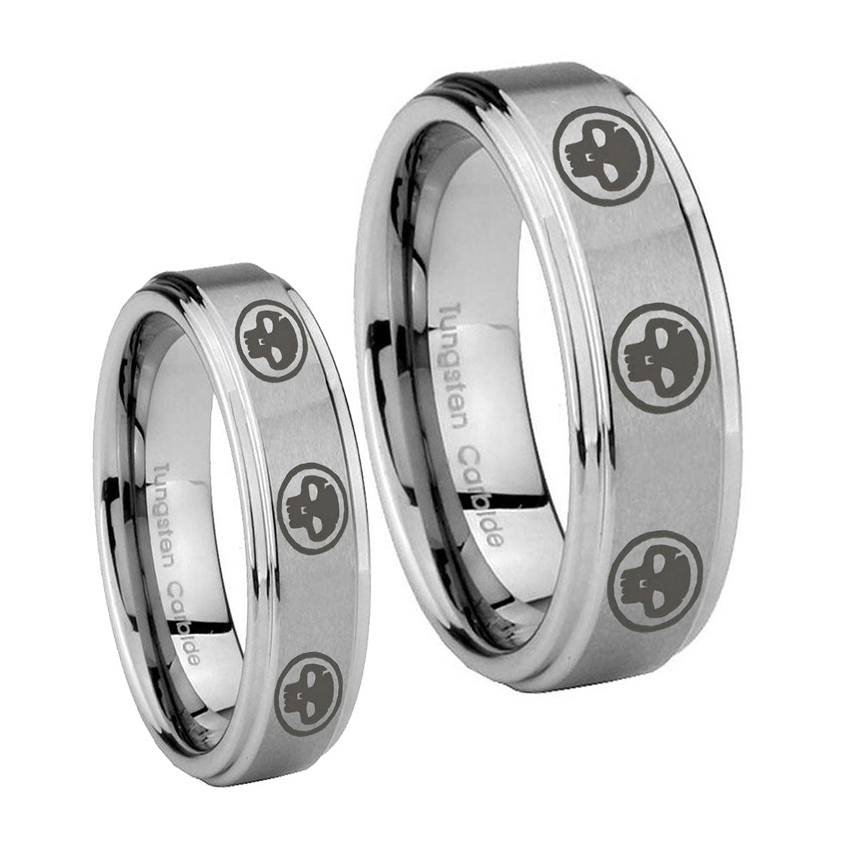 Multiple Skull Step Edges Brushed Tungsten Couple Wedding Bands