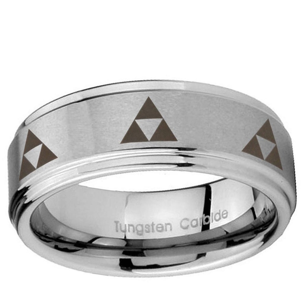 10mm Multiple Zelda Triforce Step Edge Brushed Tungsten Mens Promise Ring