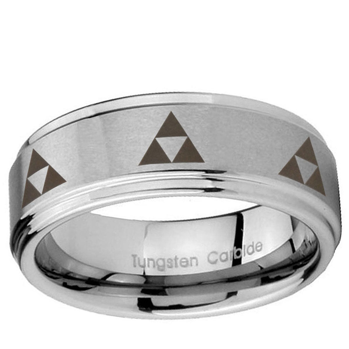 10mm Multiple Zelda Triforce Step Edge Brushed Tungsten Mens Promise Ring