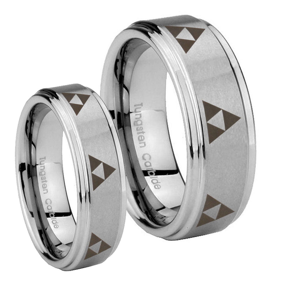 Multiple Zelda Triforce Step Edges Brushed Tungsten Mens Set Ring