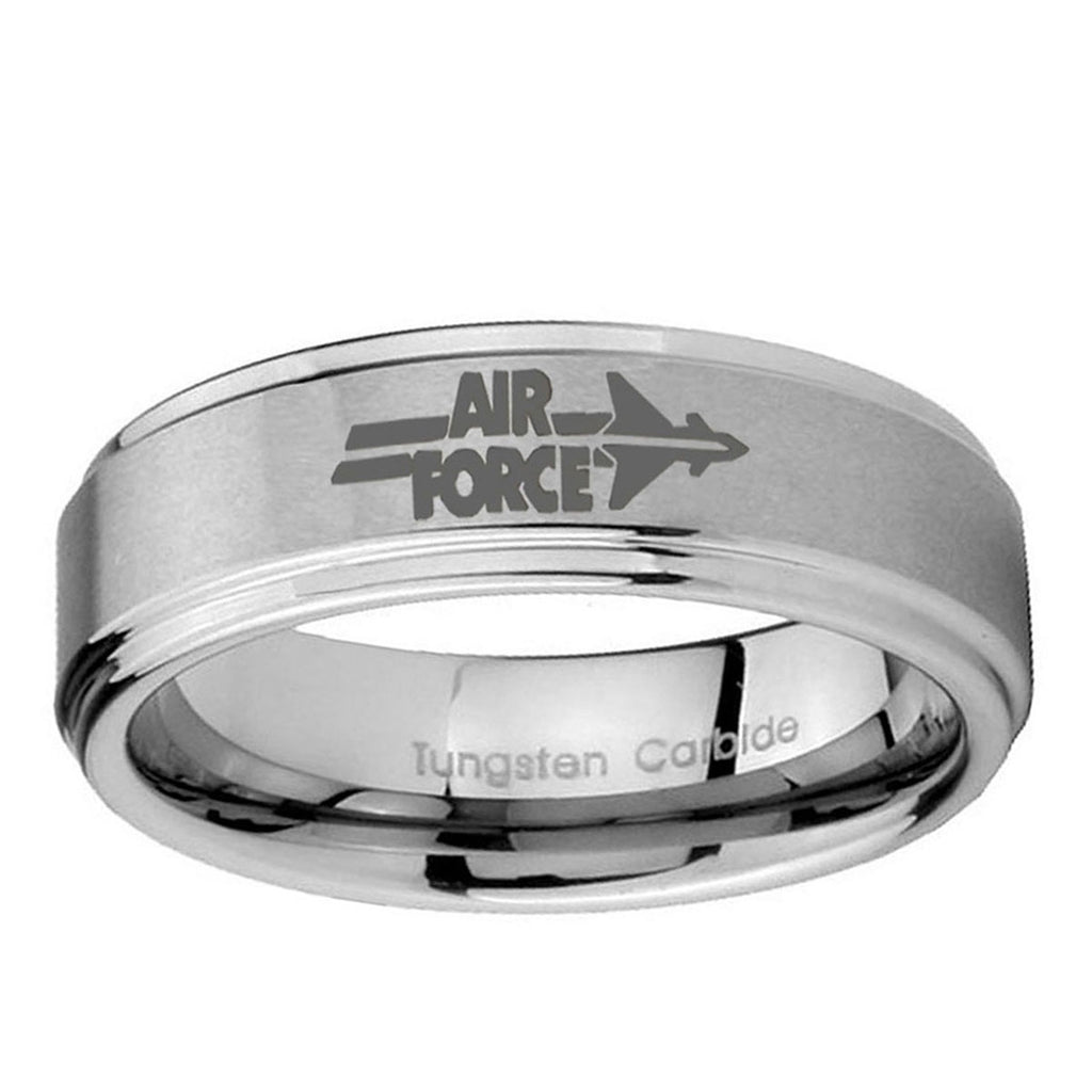 10mm Step Edge Air Force Tungsten Carbide Silver Men's Ring