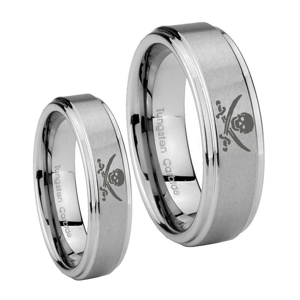 Skull Pirate Step Edges Brushed Tungsten Couple Wedding Bands