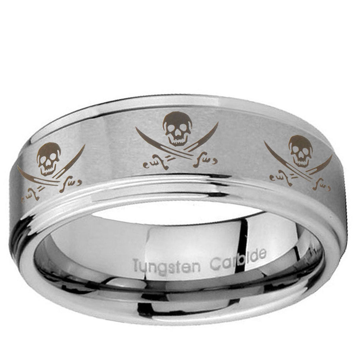 10mm Multiple Skull Pirate Step Edge Brushed Tungsten Men's Promise Rings