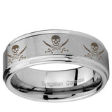 5, 8mm Multiple Skull Pirate Step Edge Brushed Tungsten Ring