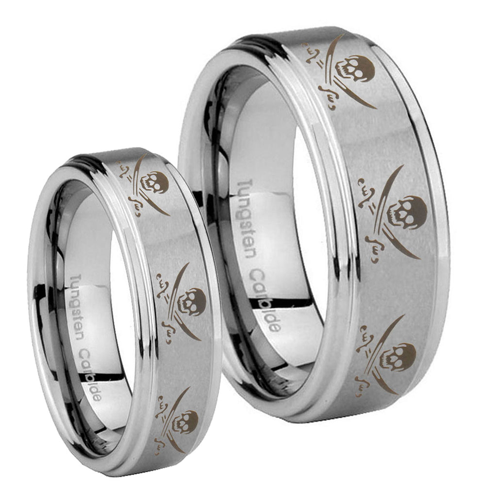 Multiple Skull Pirate Step Edges Brushed Tungsten His and Hers