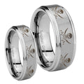 Multiple Skull Pirate Step Edges Brushed Tungsten His and Hers
