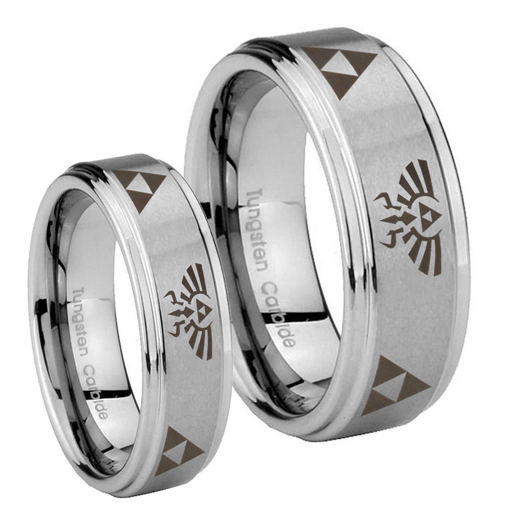 Legend of Zelda Step Edges Brushed Tungsten Couple Wedding Rings