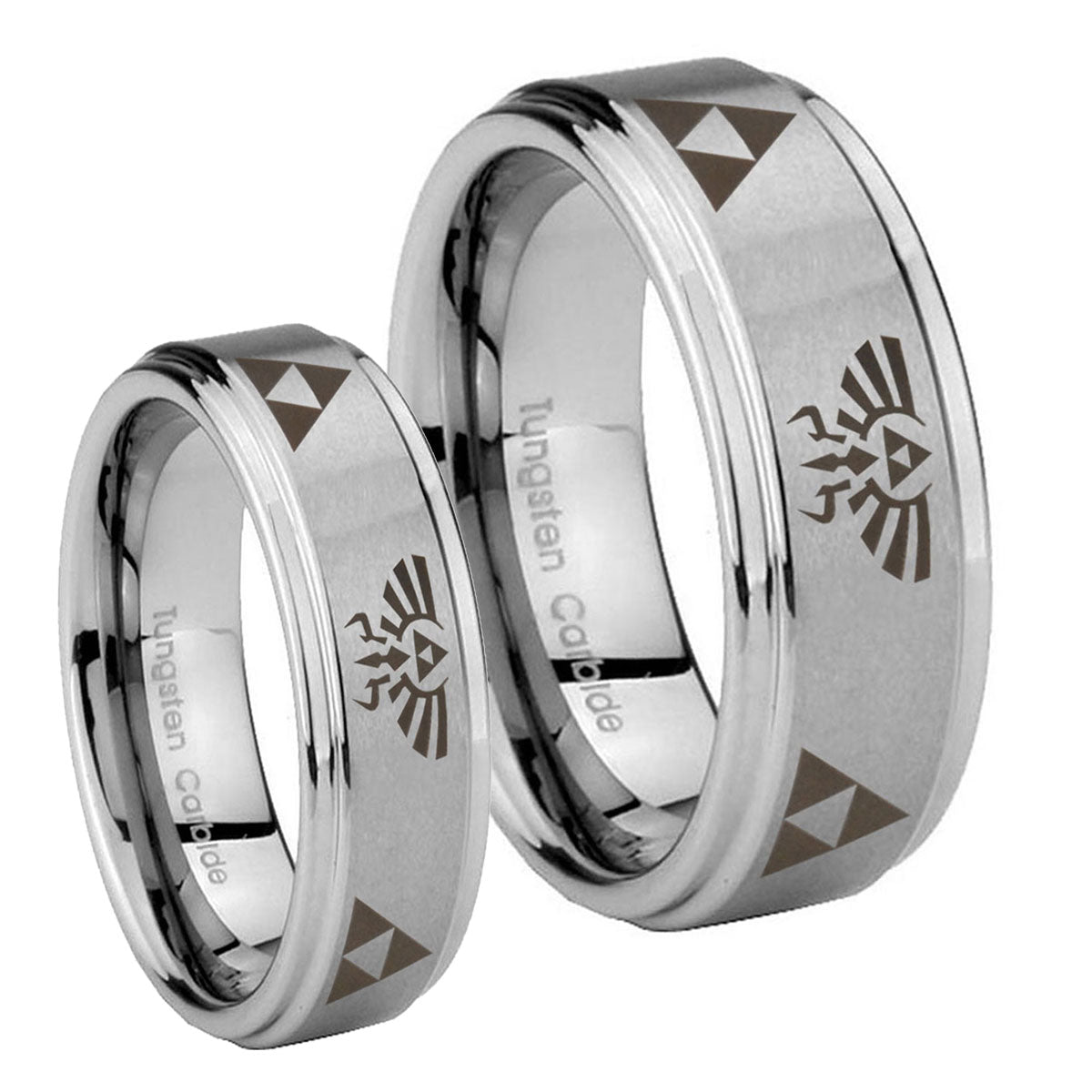 Legend of Zelda Step Edges Brushed Tungsten Couple Wedding Rings