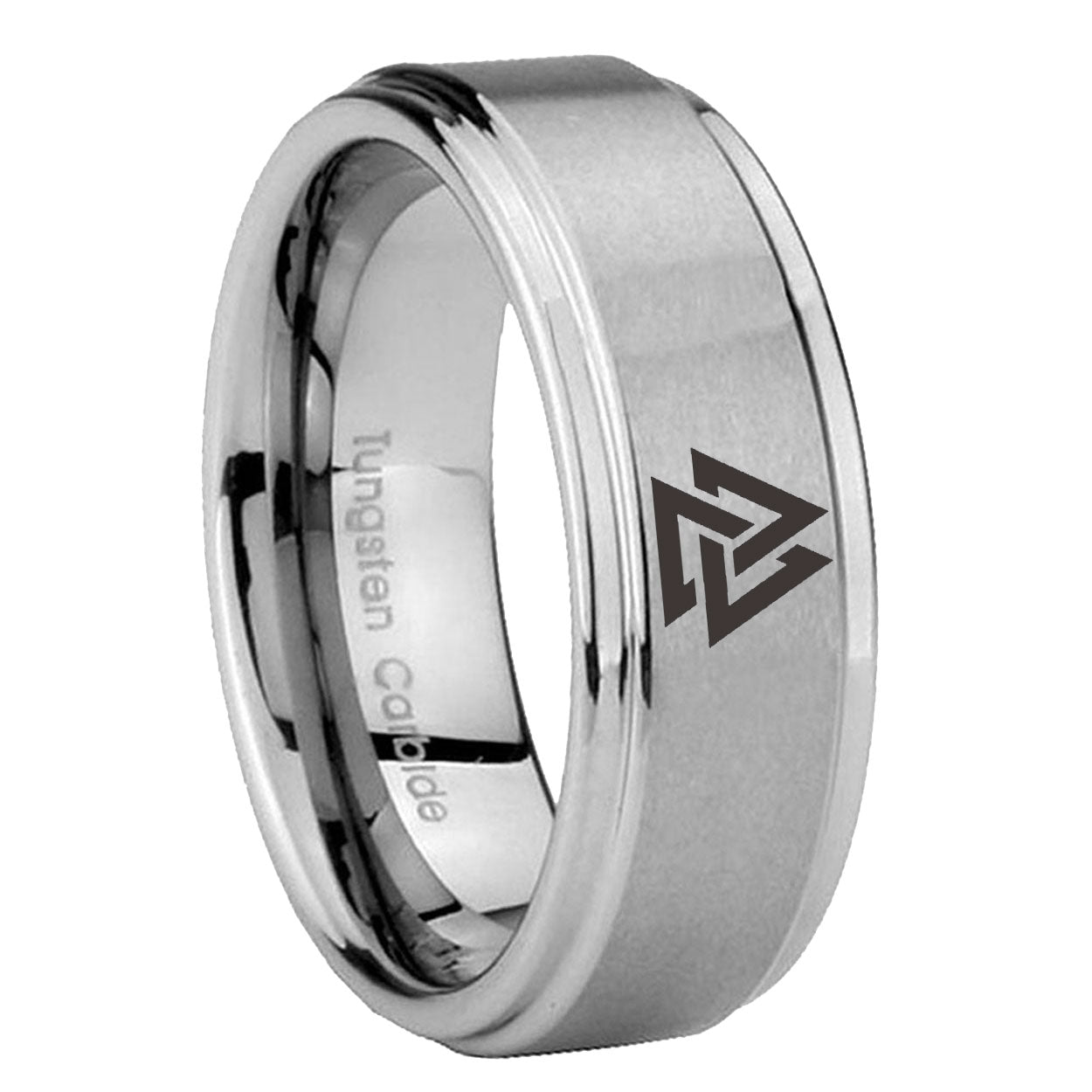 8mm Viking Symbol Step Edge Brushed Silver Ring Engraved
