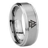 8mm Viking Symbol Step Edge Brushed Silver Mens Wedding Rings Engraved