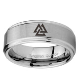 5, 8mm Viking Symbol Step Edge Brushed Silver Mens Wedding Rings Engraved