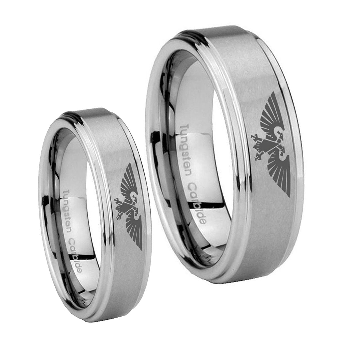 Aquila Step Edges Brushed Tungsten Bridal Ring Set