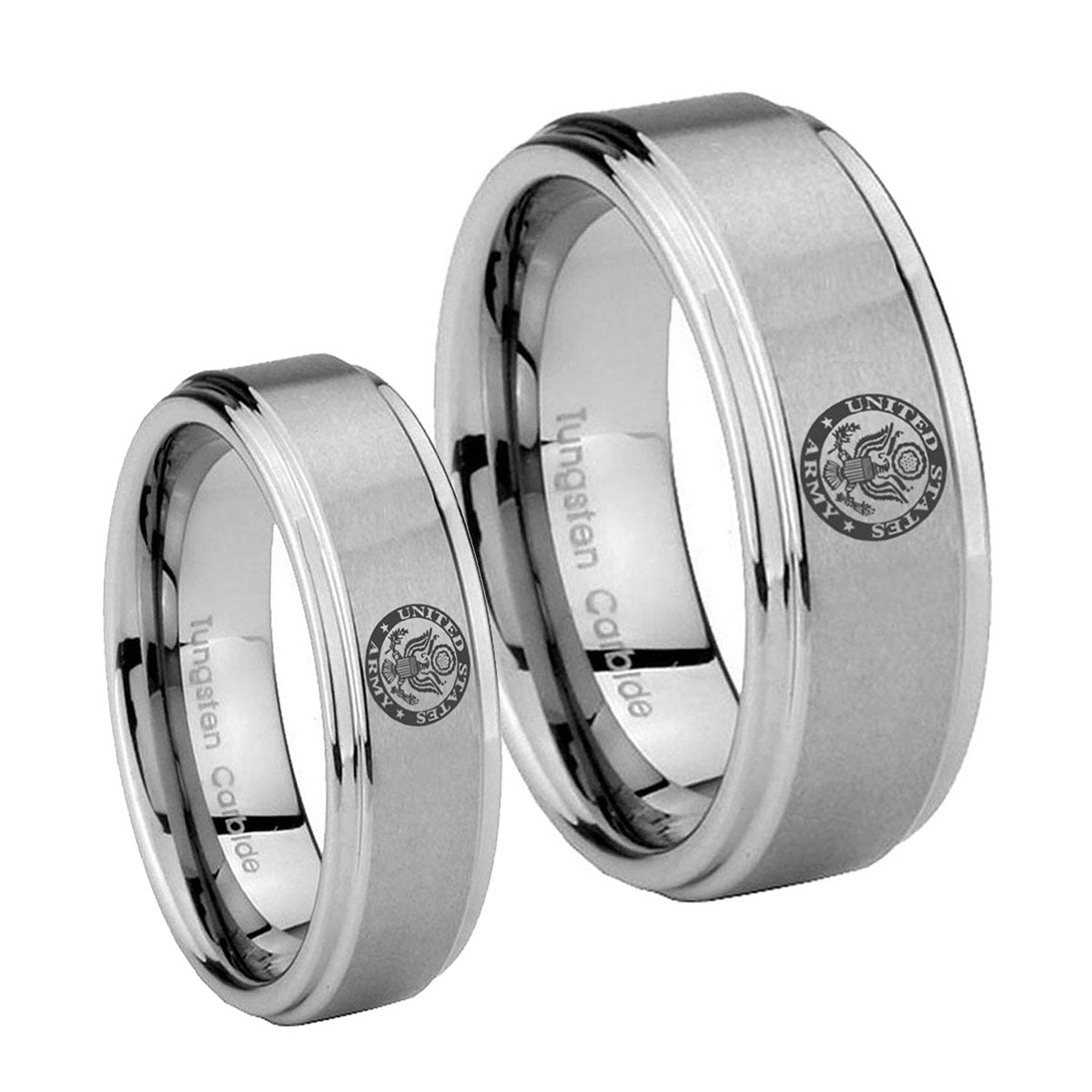 U.S. Army Step Edges Brushed Tungsten Couples Ring Set