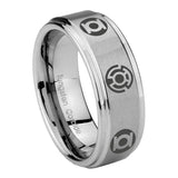8mm Blue Green Lantern Step Edge Brushed Silver Mens Steel Wedding Bands