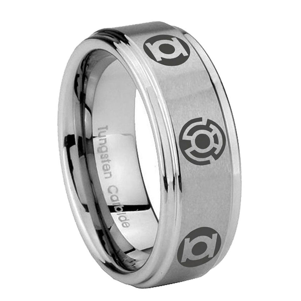 8mm Blue Green Lantern Step Edge Brushed Silver Mens Bands