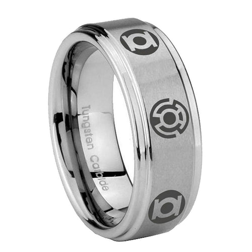 8mm Blue Green Lantern Step Edge Brushed Silver Mens Bands
