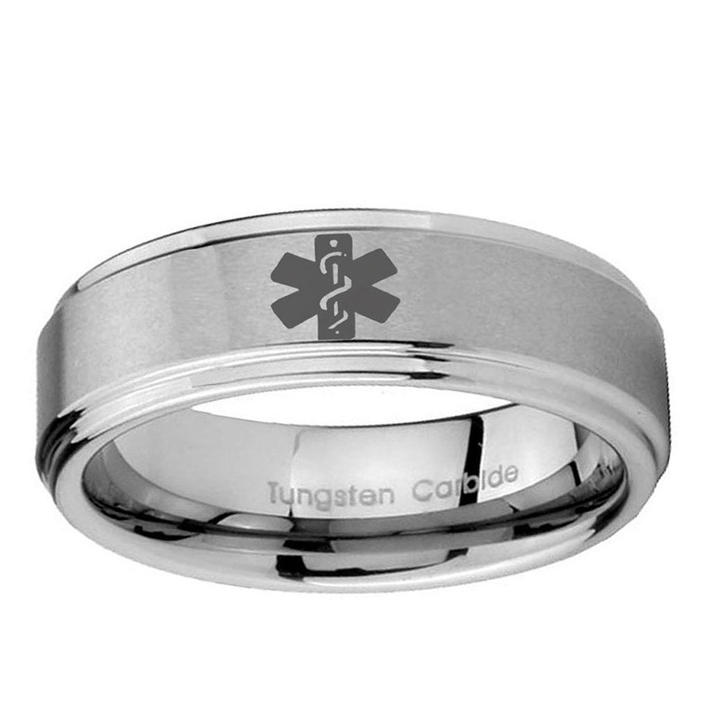 10mm Medical Alert Step Edge Brushed Tungsten Ring